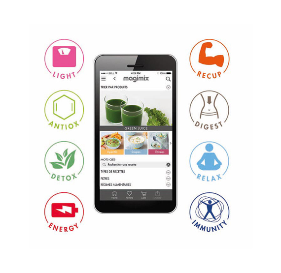 Smartphone affichant l'application Magimix. Icônes colorées de bien-être, détox et énergie entourent le téléphone.