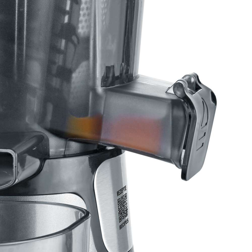 Close-up of a gray juicer, with a transparent plastic spout and a QR code label.