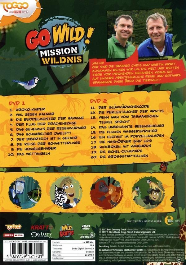 DVD-Cover mit zwei Männern und Text: Go Wild! Mission Wilderness. Zeichentrickfiguren und ein Vogel sind ebenfalls vorhanden.
