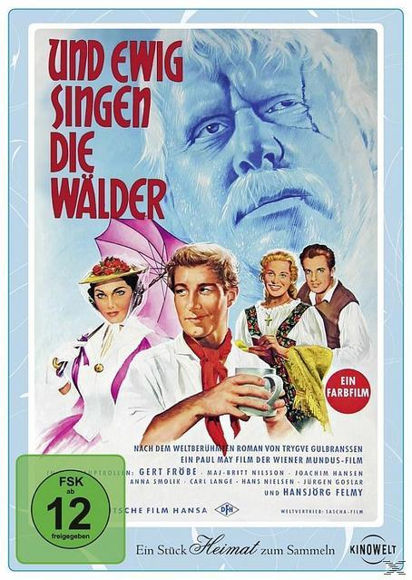 Filmposter "Und ewig singen die Wälder", zeigt eine Gruppe von Menschen und ein großes Gesicht im Hintergrund.