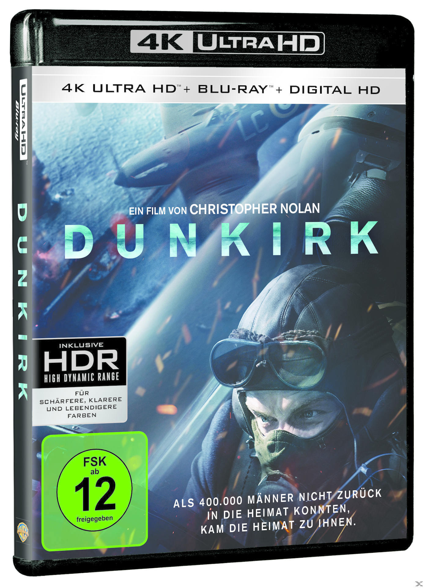 Dunkirk 4K Ultra HD Blu-Ray Disc-Cover. Ein Mann mit Fliegerhelm, Flugzeug im Hintergrund.