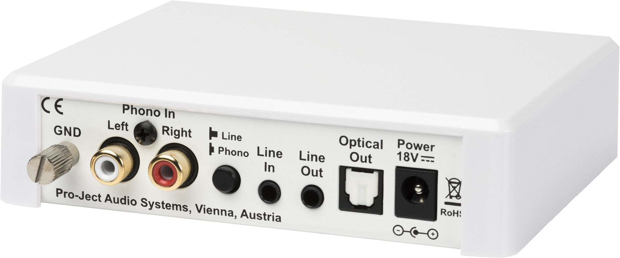 Weißes Audiogerät mit mehreren Ein-/Ausgangsports, beschriftet: Phono In, Line In/Out, Optical Out und Power 18V.
