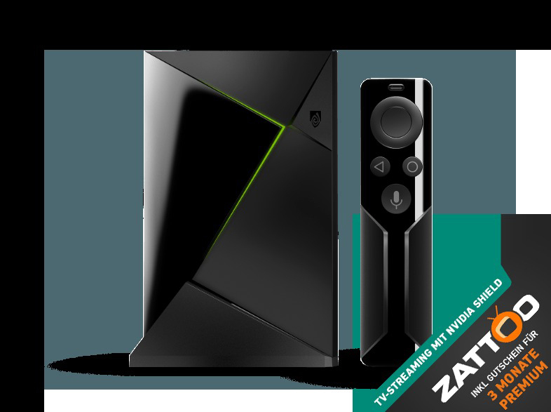 Schwarzes Nvidia Shield TV mit Fernbedienung. Grüner Akzent auf dem Gerät. Zattoo Premium-Angebot auf der rechten Seite.
