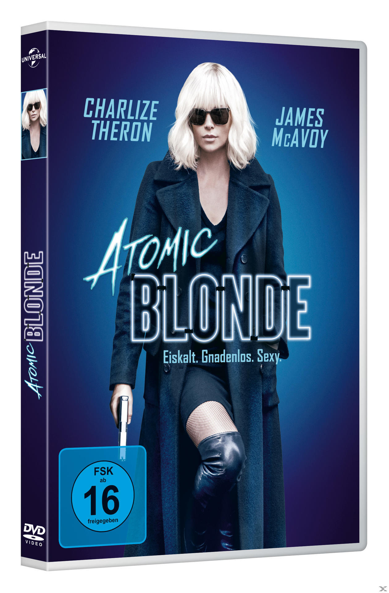 Atomic Blonde DVD-Cover: Charlize Theron mit Mantel und Waffe, Filmtitel.