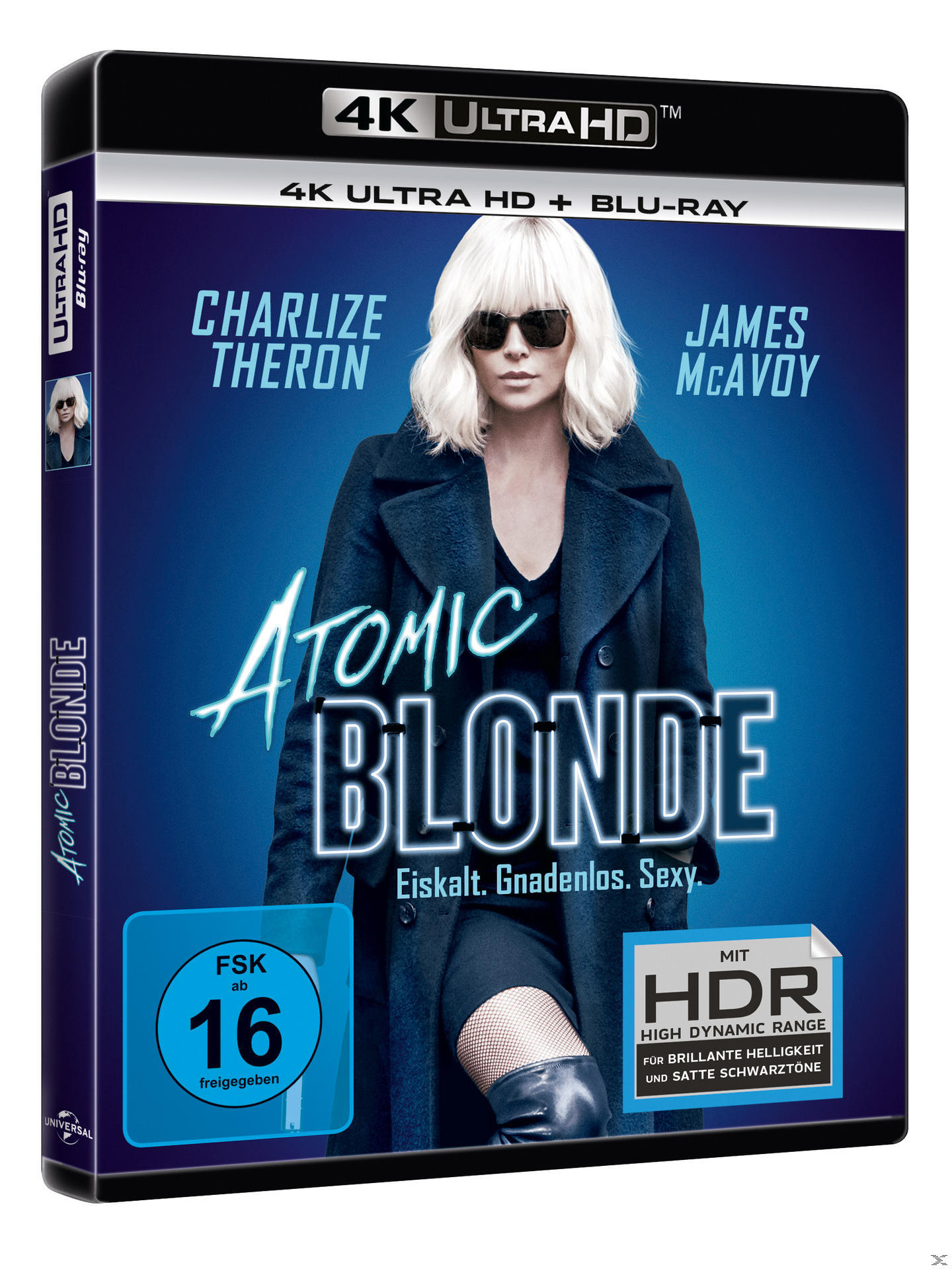 Filmcover für "Atomic Blonde" mit Charlize Theron, James McAvoy und blauem Hintergrund.