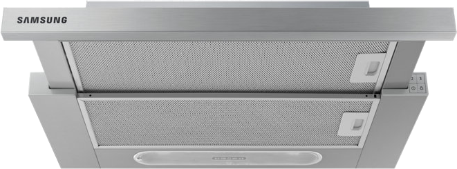Rozsdamentes acél Samsung páraelszívó hálós szűrővel és vezérlőgombokkal. Felülnézet.