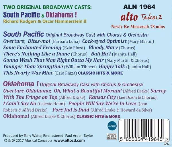 Ein CD-Cover, weißer Hintergrund, listet Musikwerke von zwei Broadway-Casts und den Albumtitel auf.