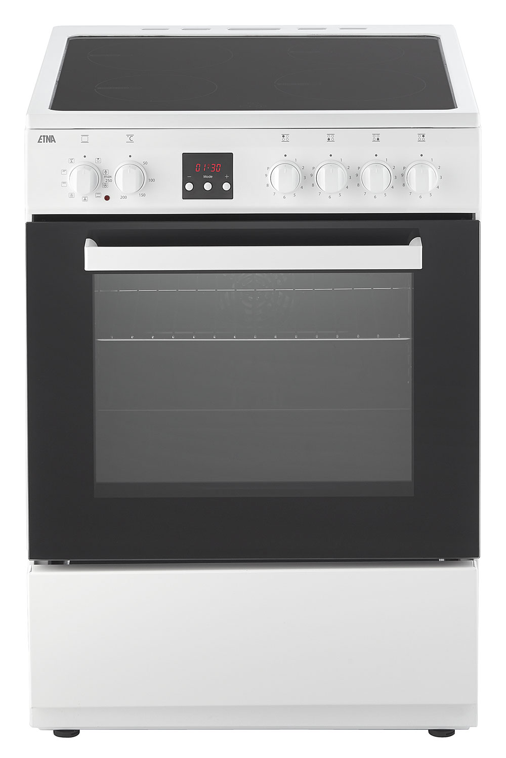 A white Etna stove with a black cooktop, oven and control panel; isolated on white background.