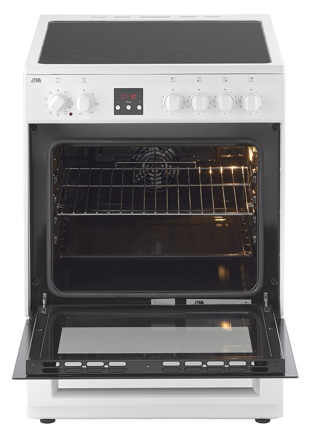 An open white electric oven. Knobs, a digital display, and an open oven door are visible.