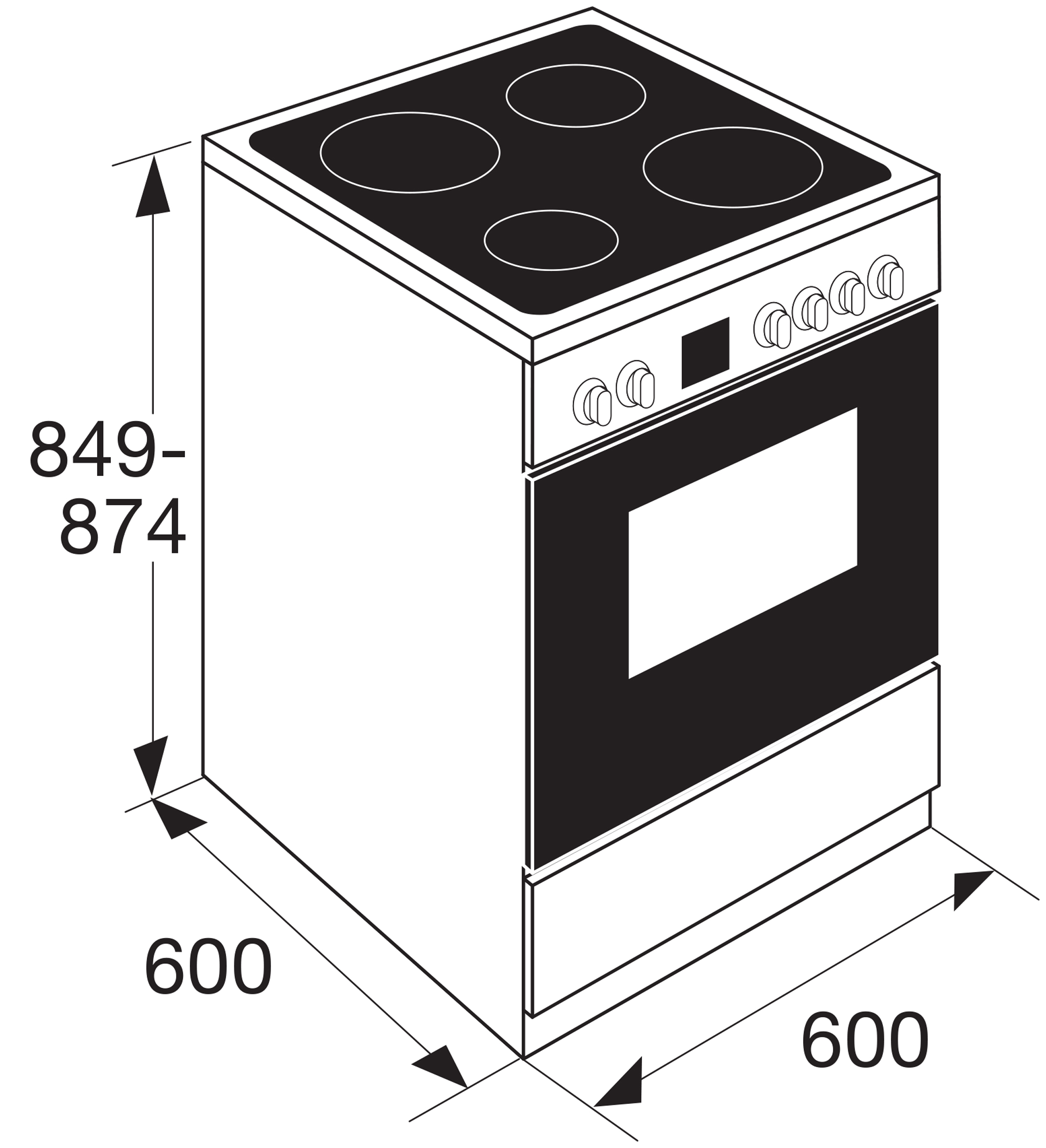 White and black oven with four burners. Features dimensions in mm.