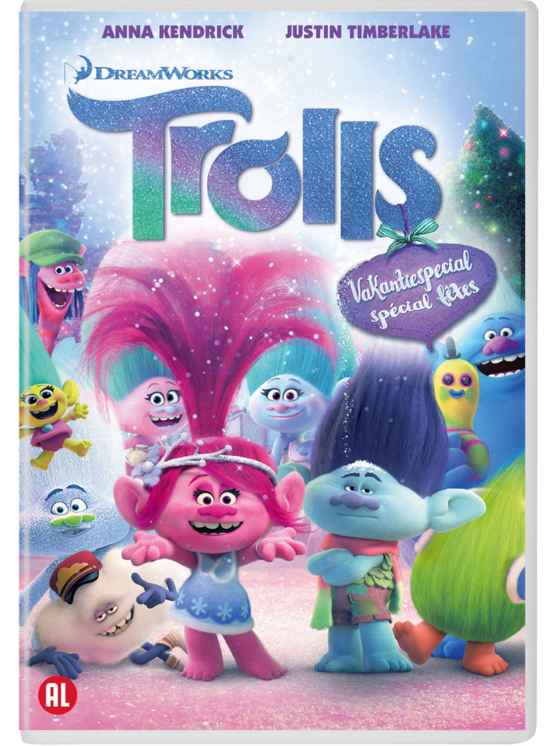 Trolls-filmcover. Veel kleurrijke trolls met verschillende haarkleuren staan ​​op de voorkant van de cover.
