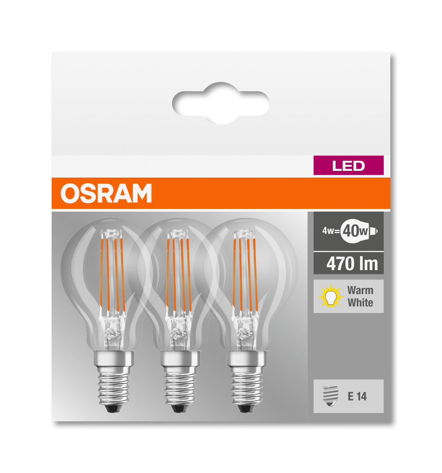 Paquet de trois ampoules LED avec une étiquette Osram orange et des détails techniques.