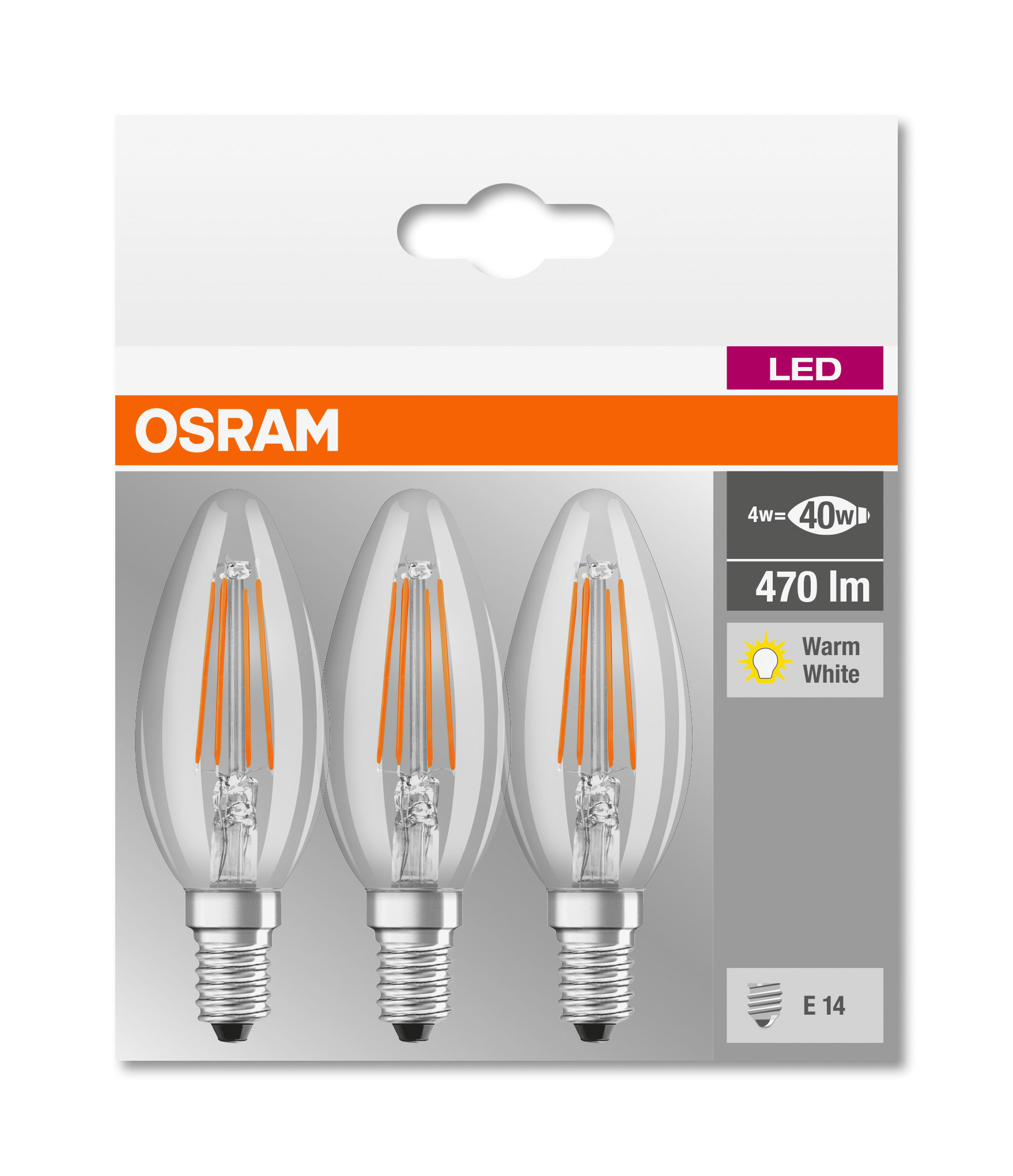 Un paquet de trois ampoules LED en forme de verre transparent avec des filaments orange.