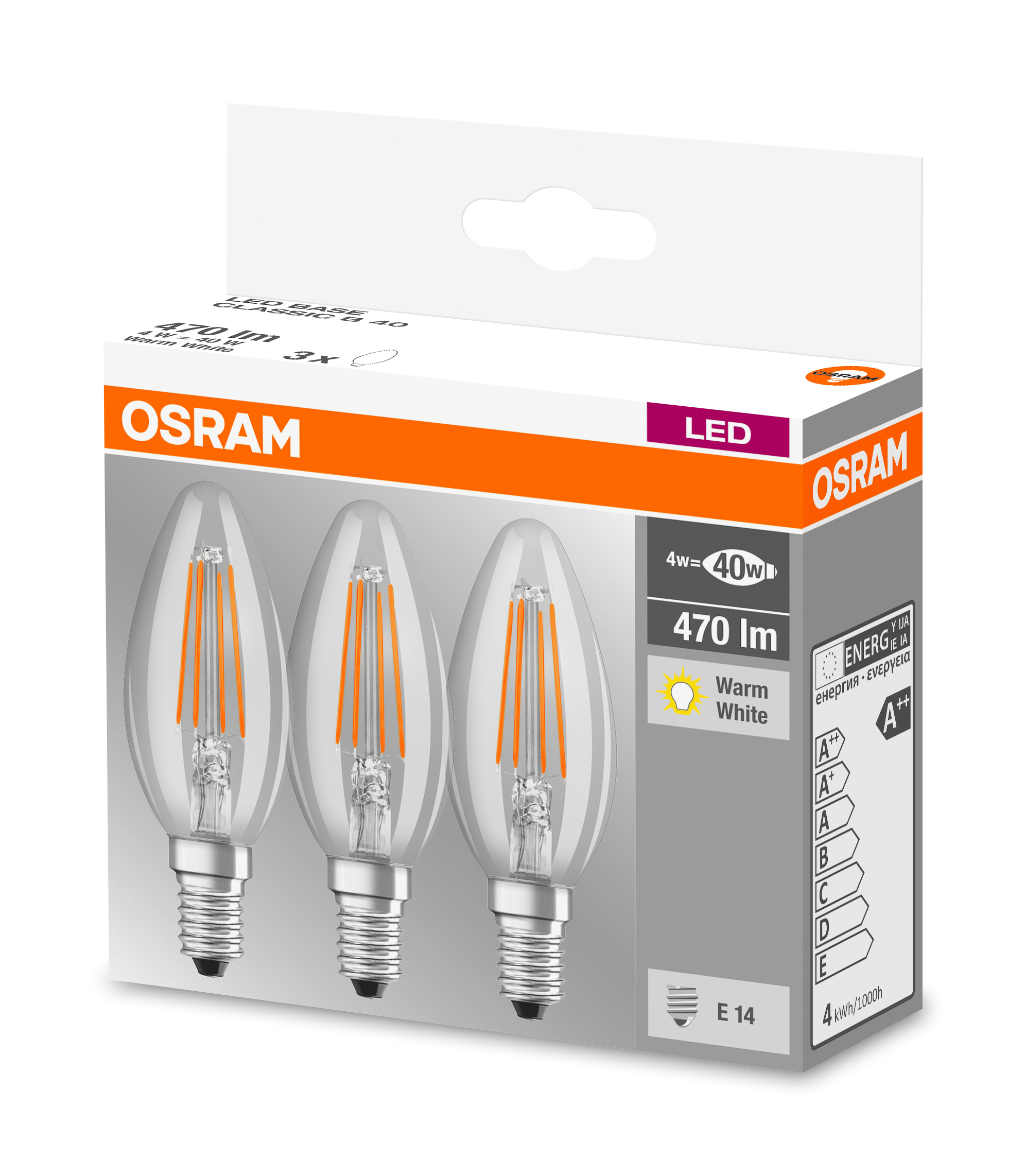 Boîte de trois ampoules LED. Couleurs orange et blanc, et un fond blanc vif.
