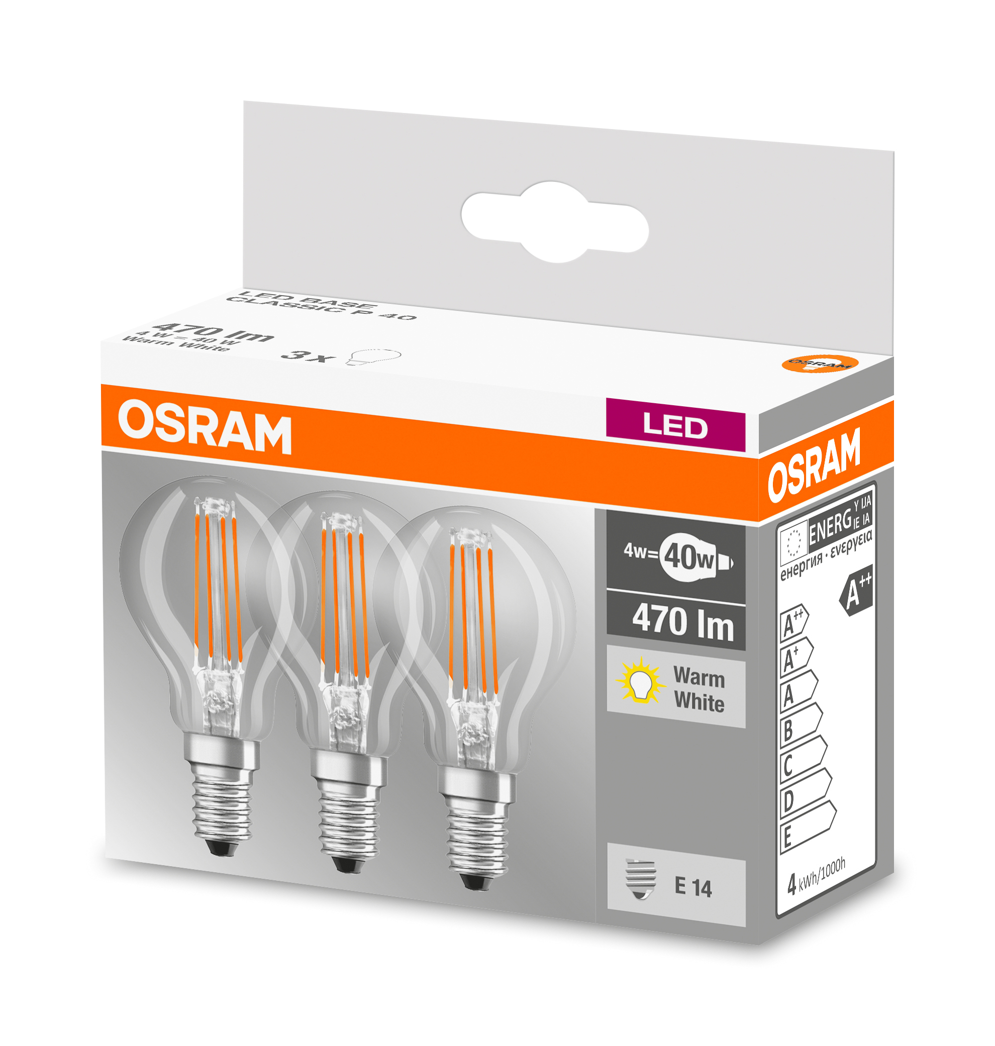 Boîte d'ampoules LED. Trois ampoules visibles. Boîte blanche avec des accents orange et gris.
