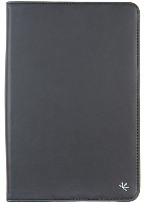Couverture en cuir noir pour tablette ou livre avec un petit logo.
