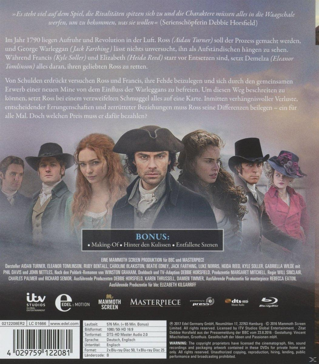 Poldark DVD Rückseite mit Cast und Crew, Text und Bildern in Englisch.