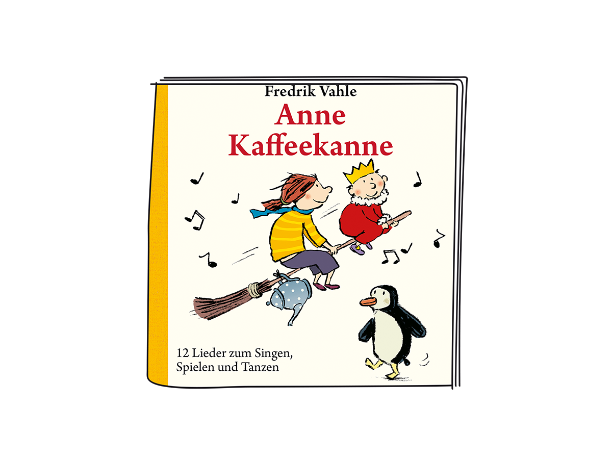 Kinderbuchcover. Zwei Personen auf einem Besen und ein Pinguin. Musiknoten umgeben sie.