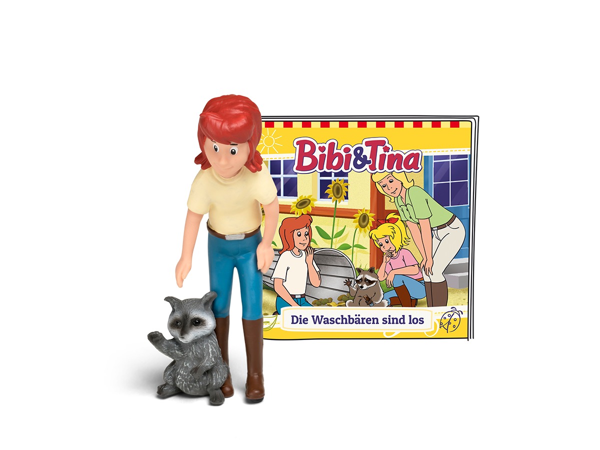 Ein Mädchenspielzeug mit einem Waschbärspielzeug und einem DVD-Cover mit einem Cartoon von Mädchen und Waschbär.