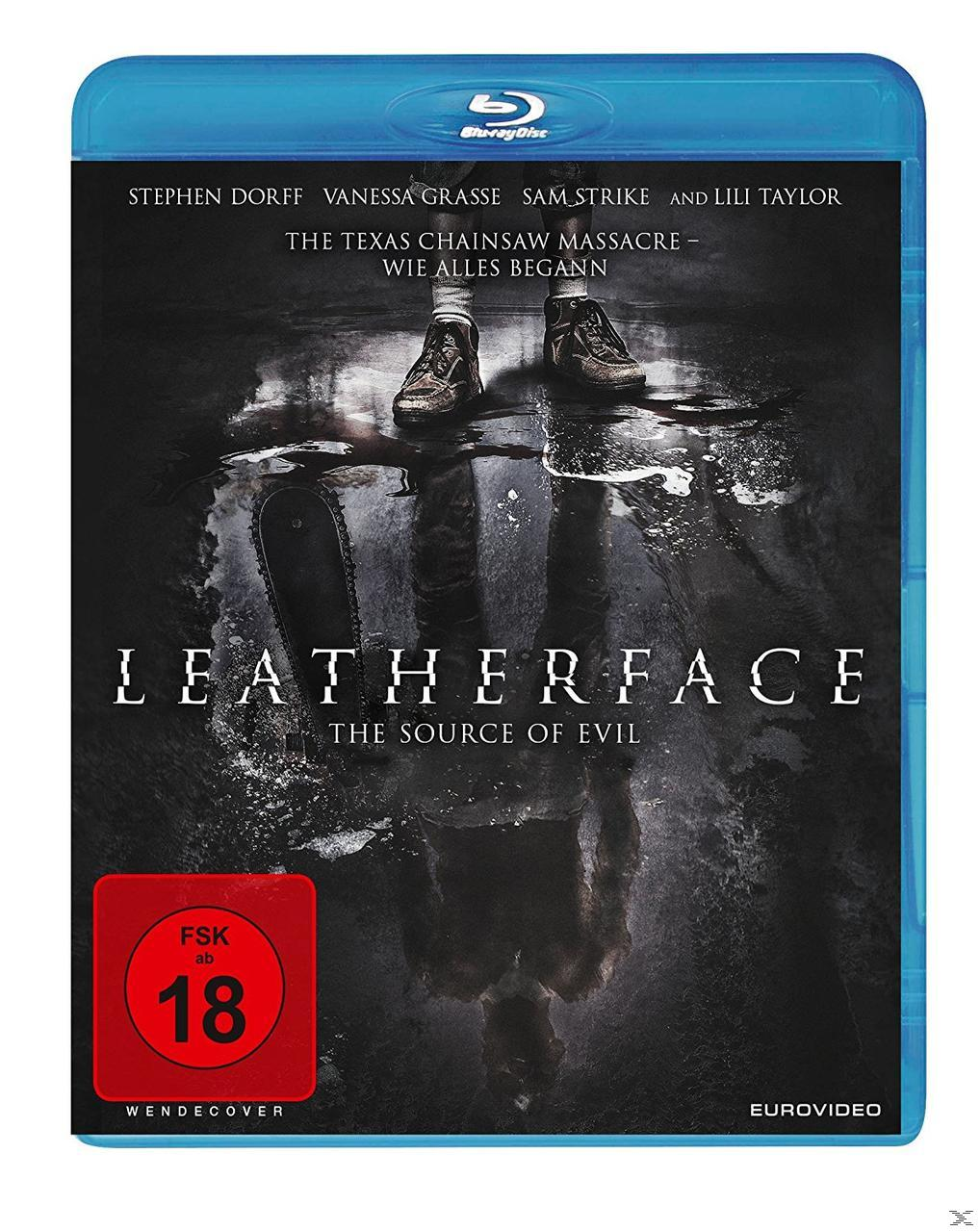 Filmcover: Leatherfaces Stiefel und Kettensäge. Text: 'Leatherface', 'The Source of Evil'.