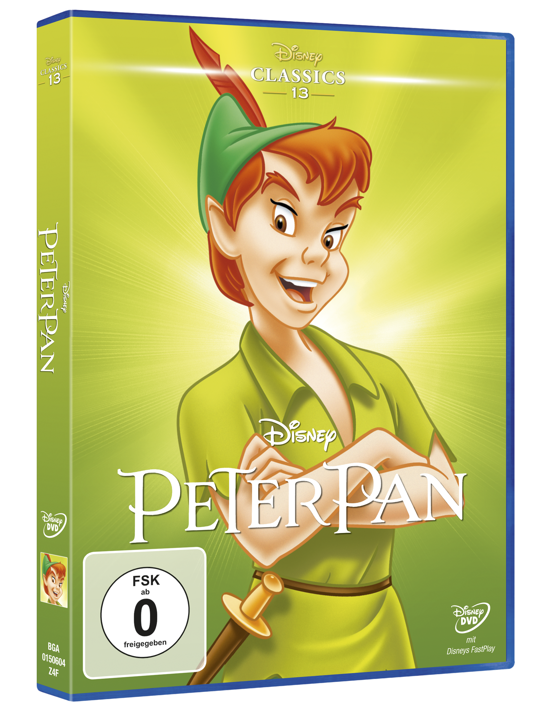 DVD-Hülle für Peter Pan, mit Peter Pan Figur und grünem Hintergrund.