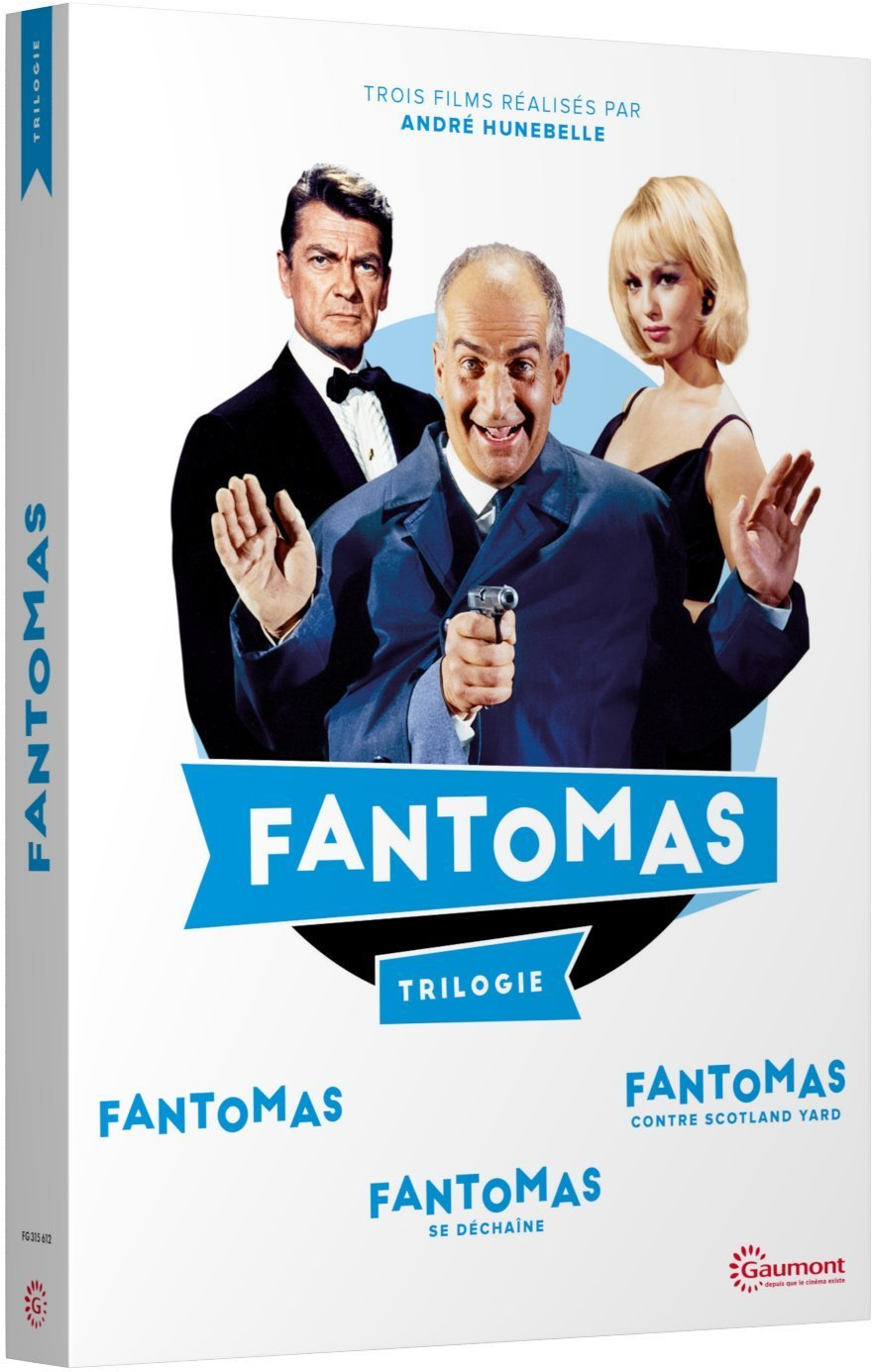 Coffret de films 'Trilogie Fantomas' avec des acteurs et une bannière bleue.