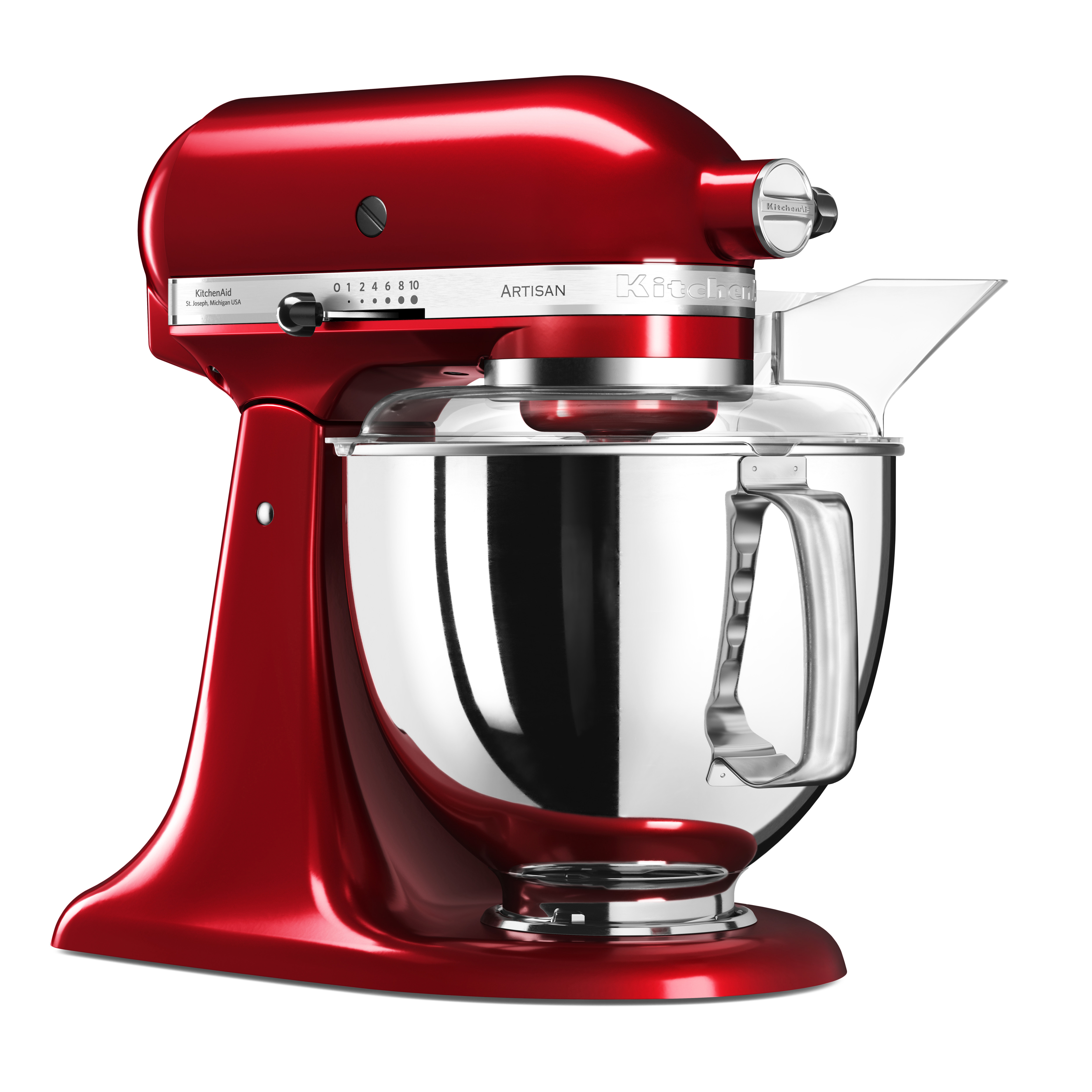 Roter KitchenAid-Küchenmixer mit Glasschüssel, vor weißem Hintergrund.