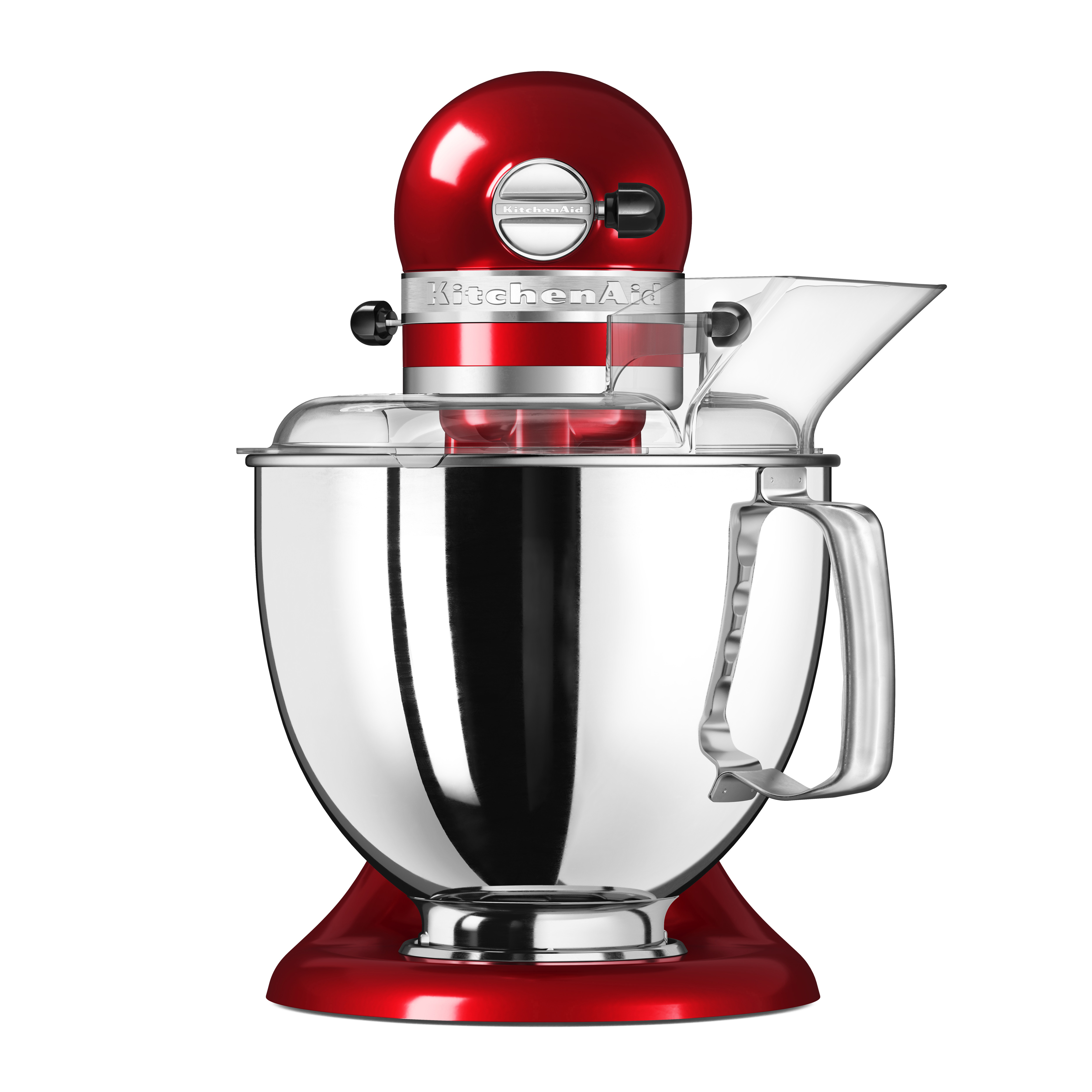 Roter KitchenAid-Küchenmixer mit Edelstahl-Schüssel und transparentem Spritzschutz.