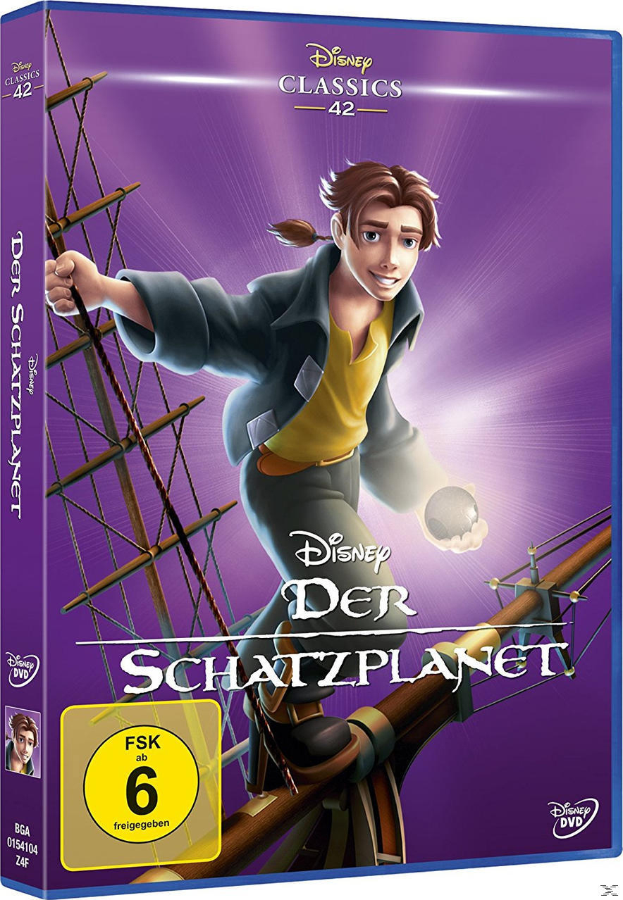 DVD-Cover von 'Der Schatzplanet' mit einer Zeichentrickfigur und einem Schiff.
