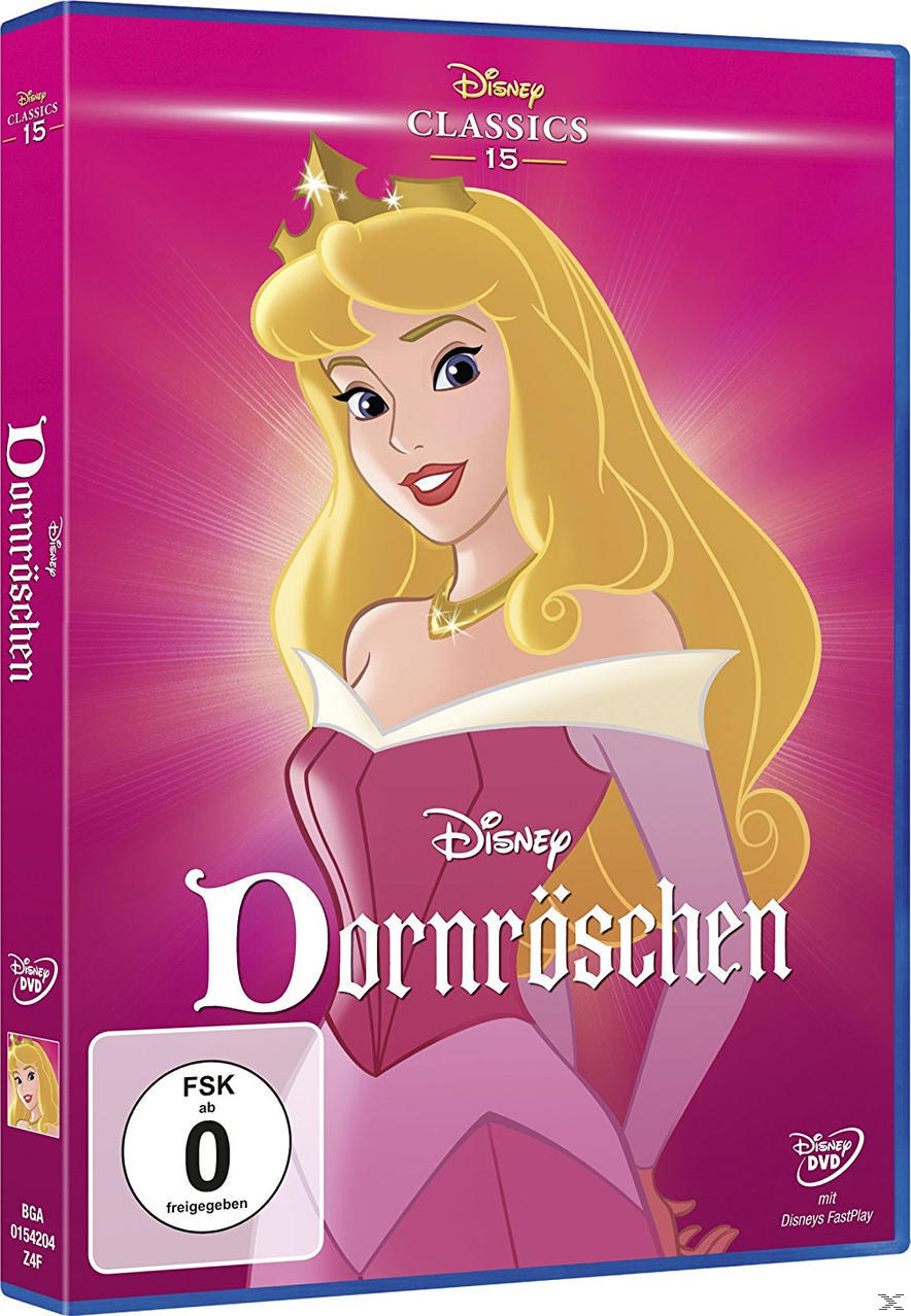 DVD-Cover von Dornröschen mit Aurora in Rosa und rosa Hintergrund.