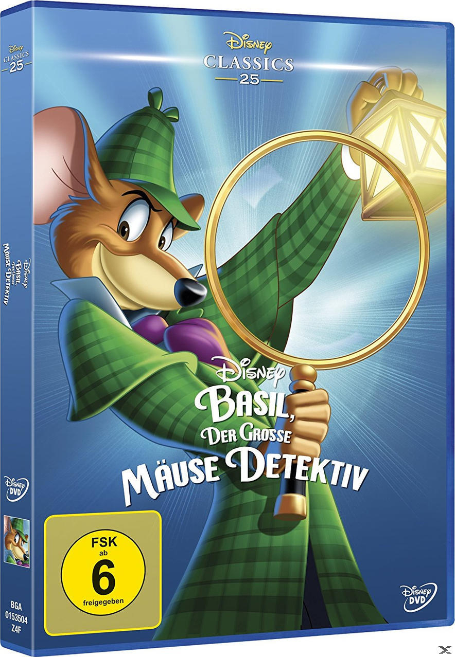 DVD-Cover von Basil, The Great Mouse Detective. Eine Maus in einem grünen Mantel mit einer Lupe.