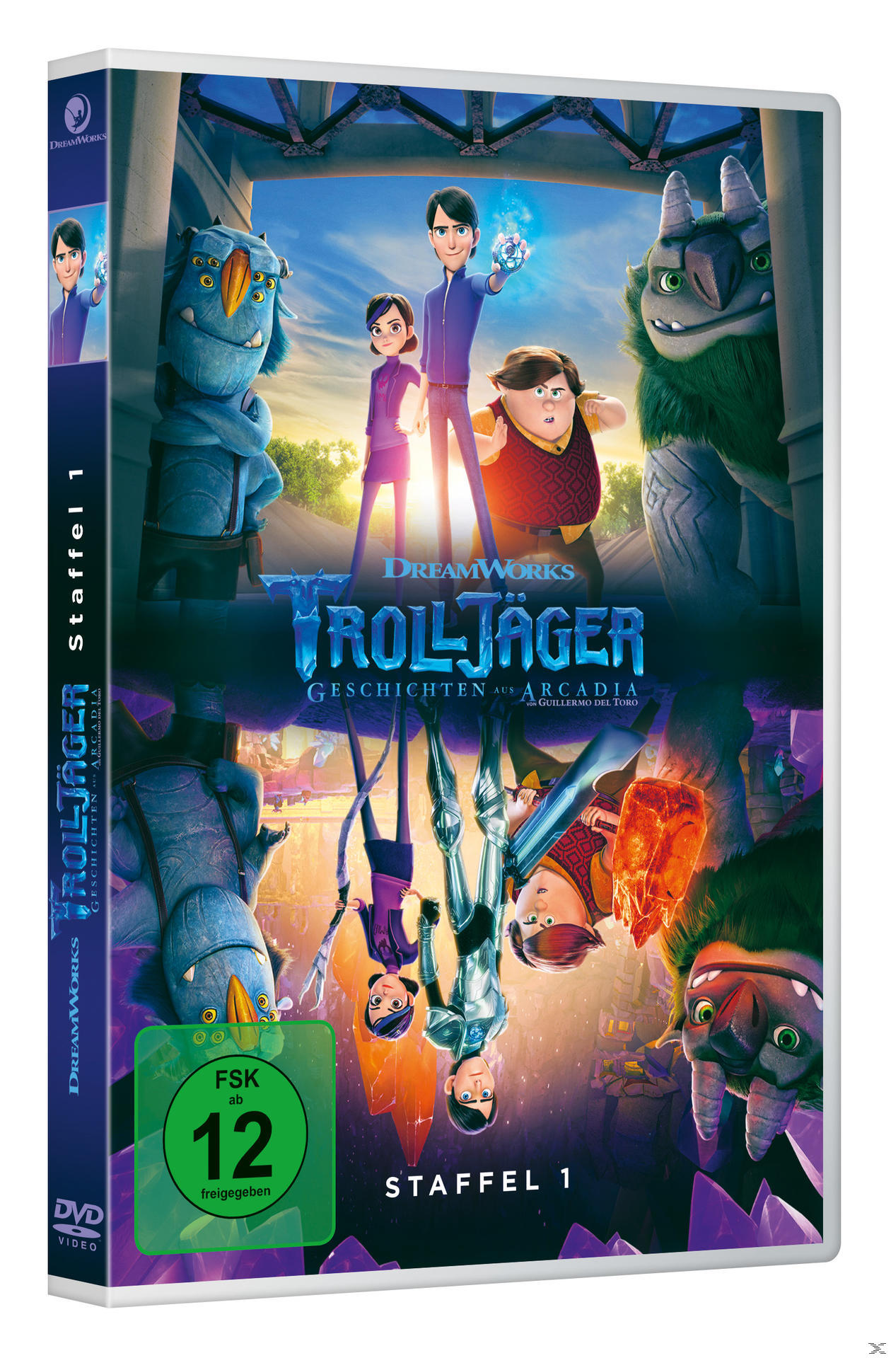 DVD-Hülle mit einer Szene aus der Zeichentrickserie Trolljäger. Charaktere und Monster sind dargestellt.