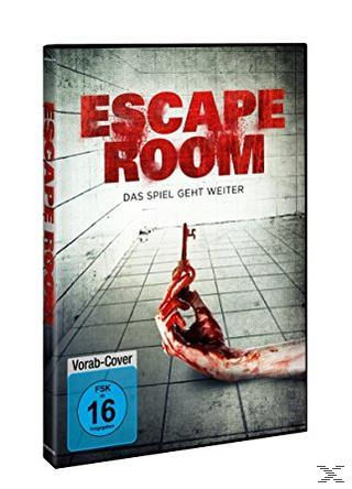 DVD-Cover, Escape Room, mit Text und einer Hand, die einen Schlüssel hält, Blutflecken und FSK 16 Logo.