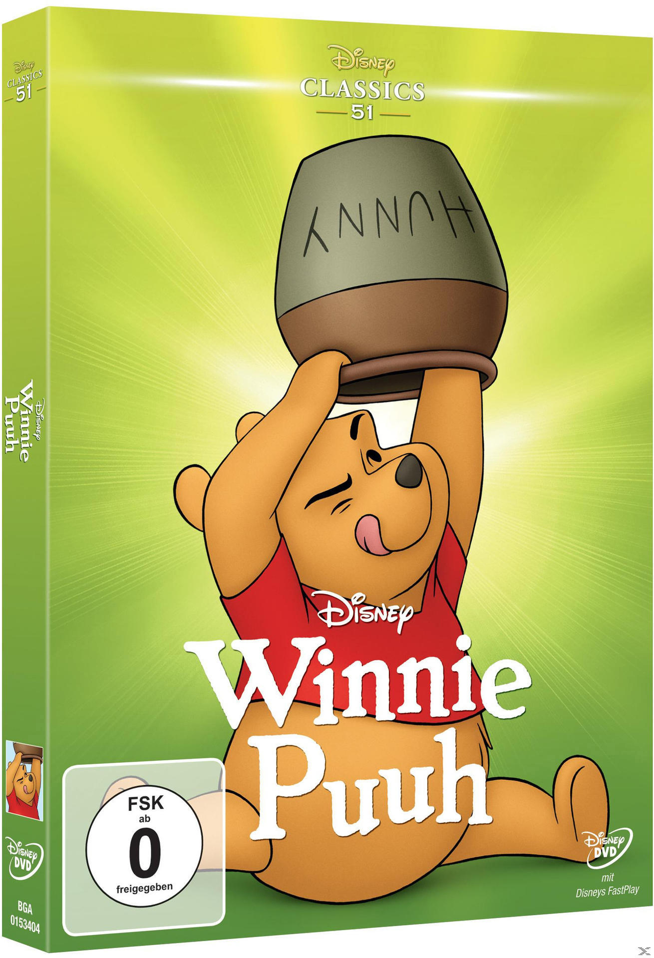 Winnie Puuh DVD-Cover. Puuh hält einen Honigtopf. Grüner Hintergrund.
