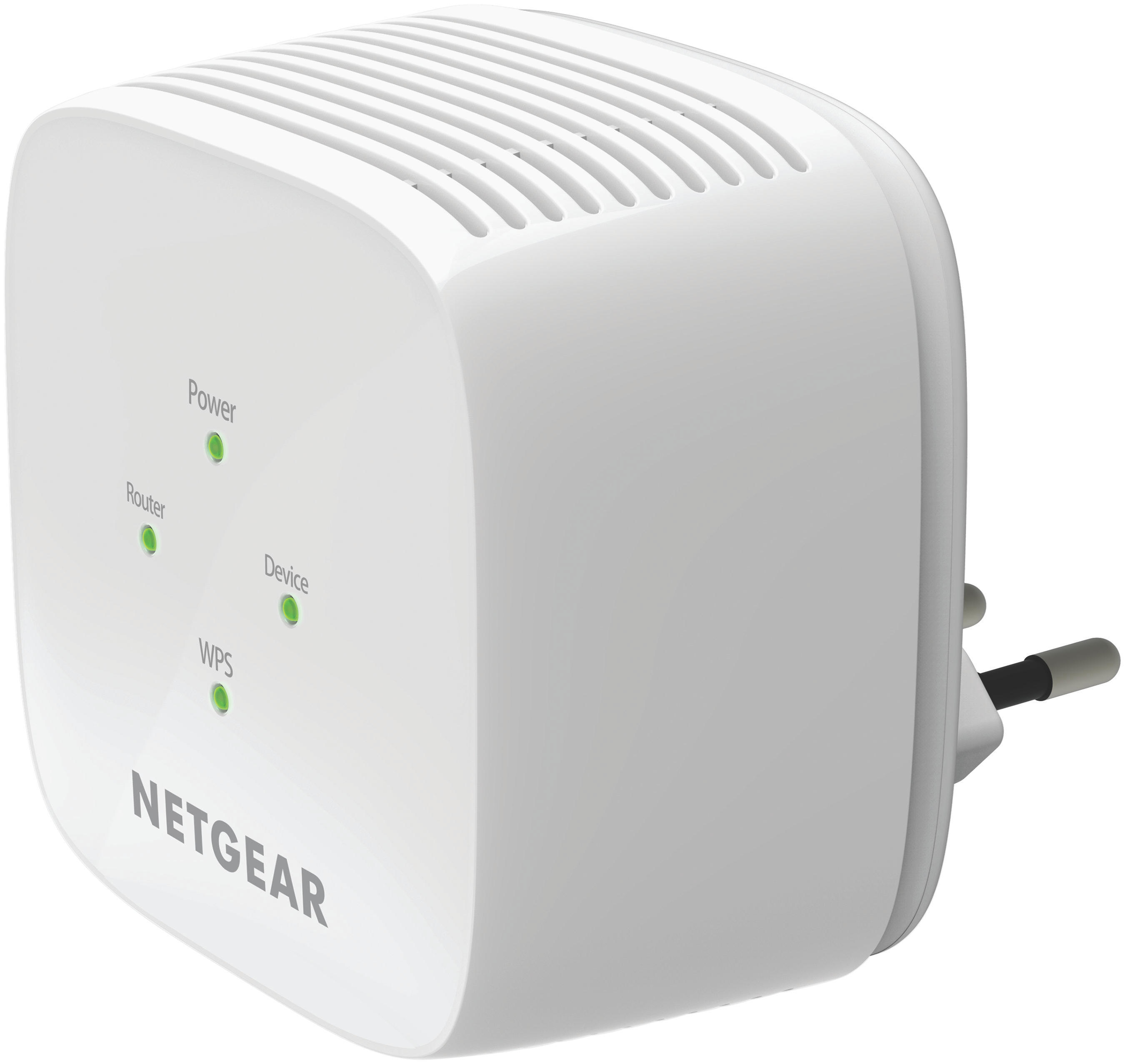 Ein weißes, quadratisches Netgear-Gerät mit Lichtern, die den Strom-, Router-, Geräte- und WPS-Status anzeigen.
