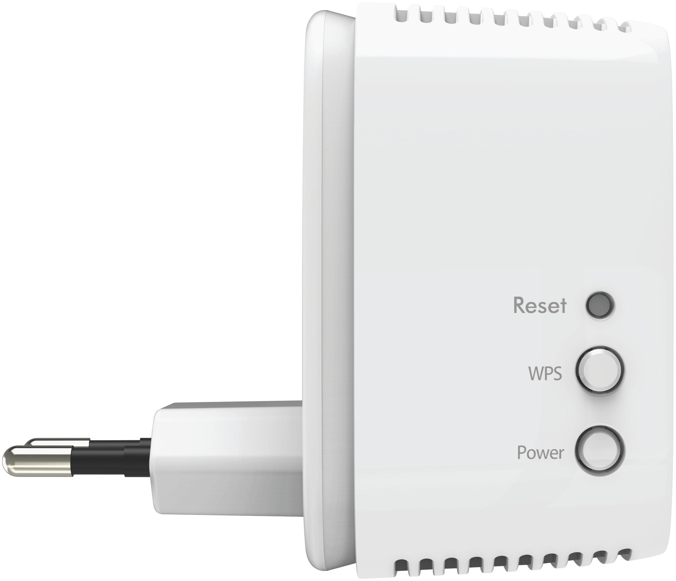 Weißer WLAN-Repeater mit Stecker. Hat Reset-, WPS- und Power-Tasten.