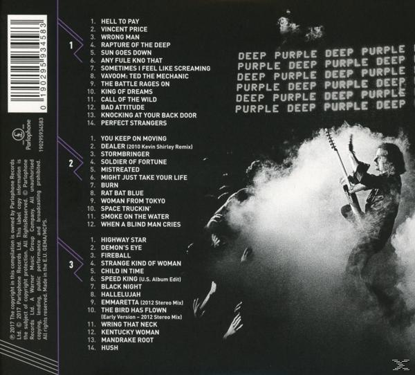Deep Purple Album-Rückseite, Titelliste, Text auf weißem Hintergrund. Lila und schwarzes Design.