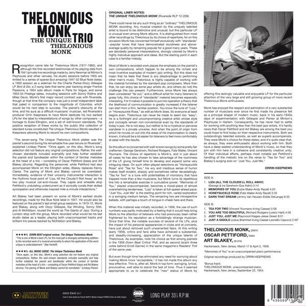 Ein Jazz-Albumcover. Es enthält Text und Bilder von Musikern. Der Titel lautet Thelonious Monk Trio.