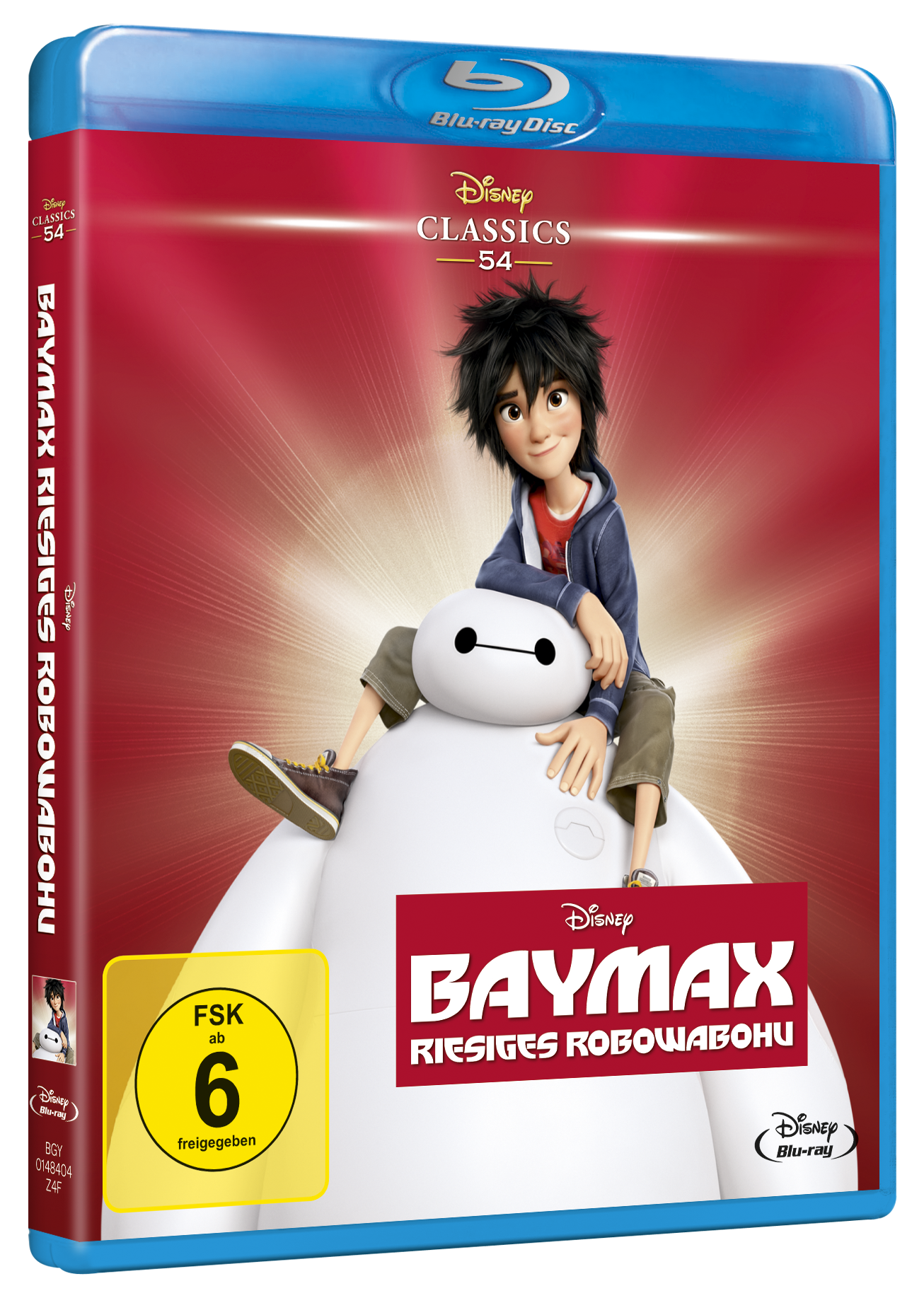 Baymax Blu-ray-Cover. Ein Junge reitet auf Baymax. Roter Hintergrund mit Logo.