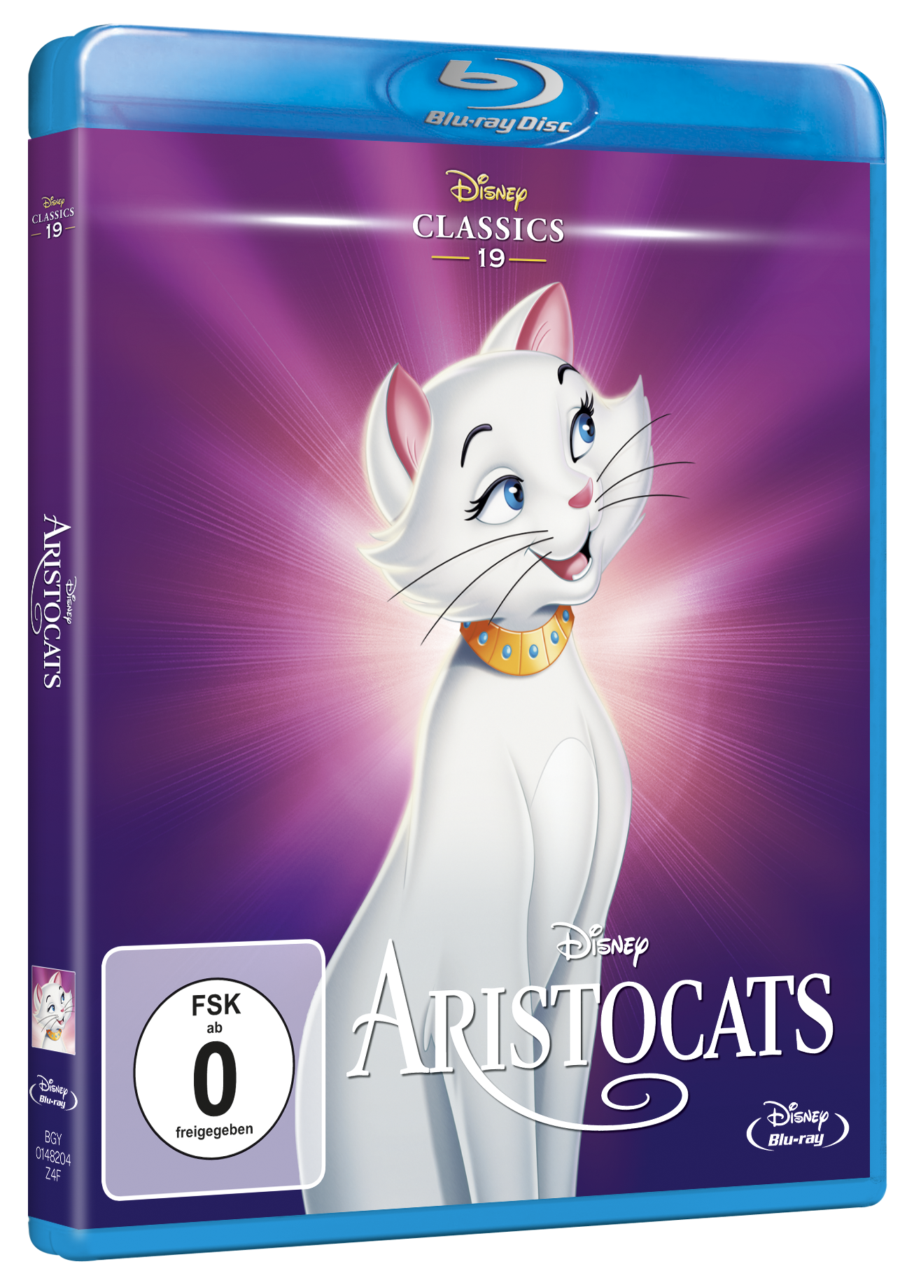 Disney's Aristocats Blu-ray-Hülle mit Katze auf dem Cover, lila Hintergrund.