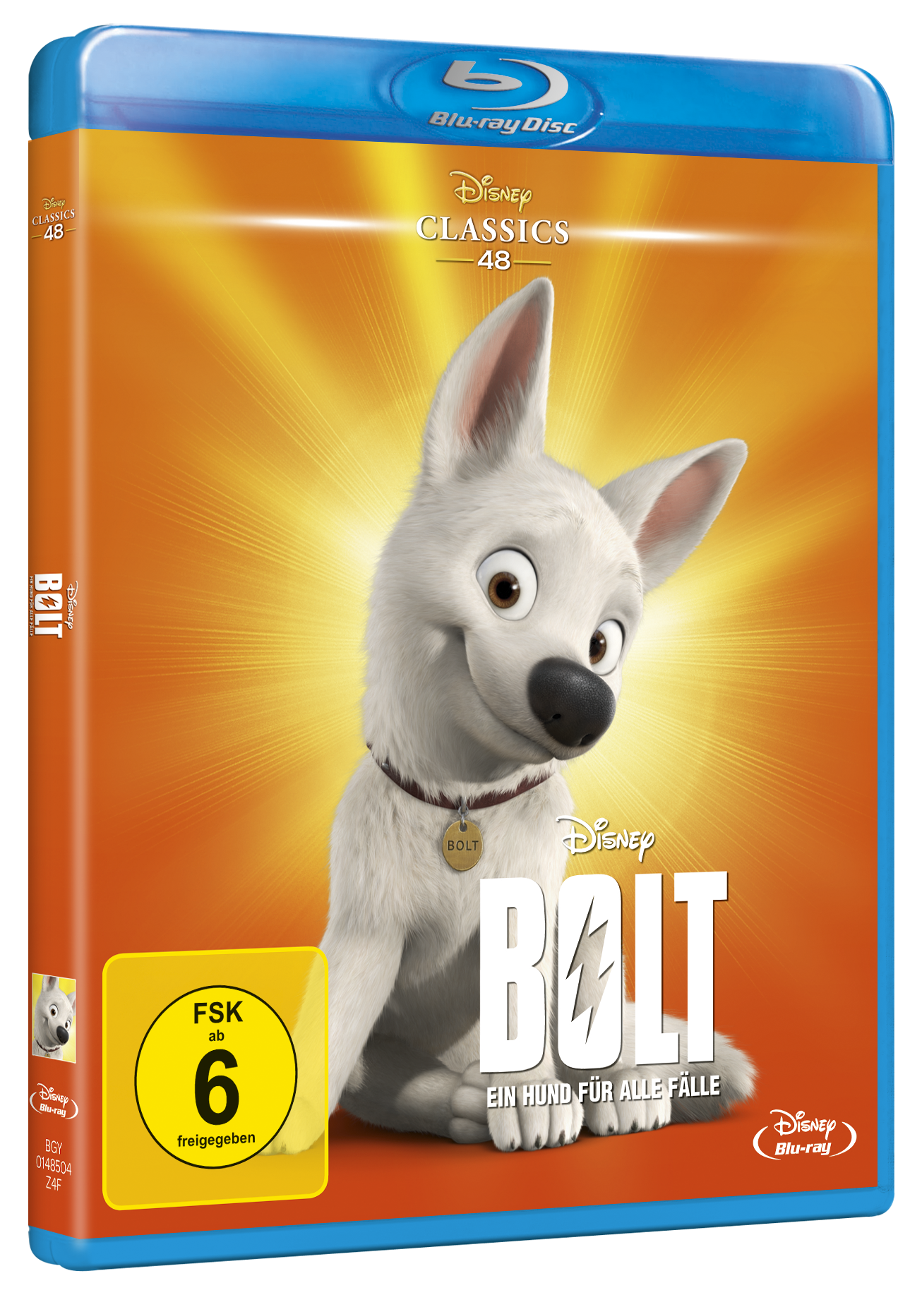 Bolt Blu-ray Disc Hülle, mit einem weißen Welpen mit Anhänger, vor einem orangefarbenen Hintergrund.
