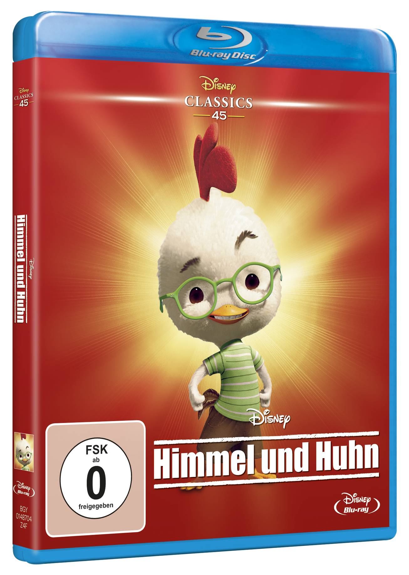 Blu-ray-Disc-Cover von 'Chicken Little', Cartoon-Hühnercharakter, heller Hintergrund.