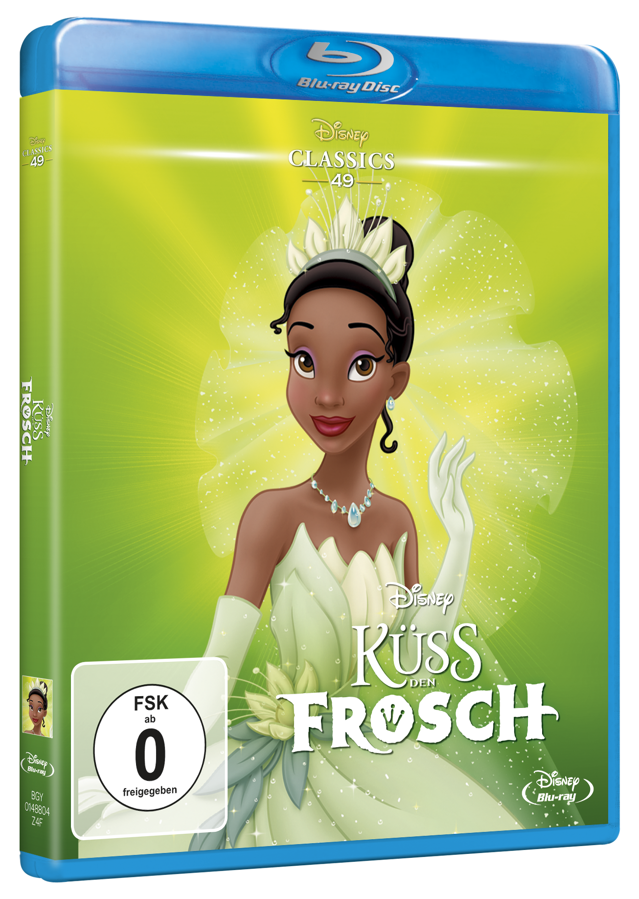 Die Prinzessin und der Frosch Blu-ray-Cover, mit Tiana in einem grünen Kleid.