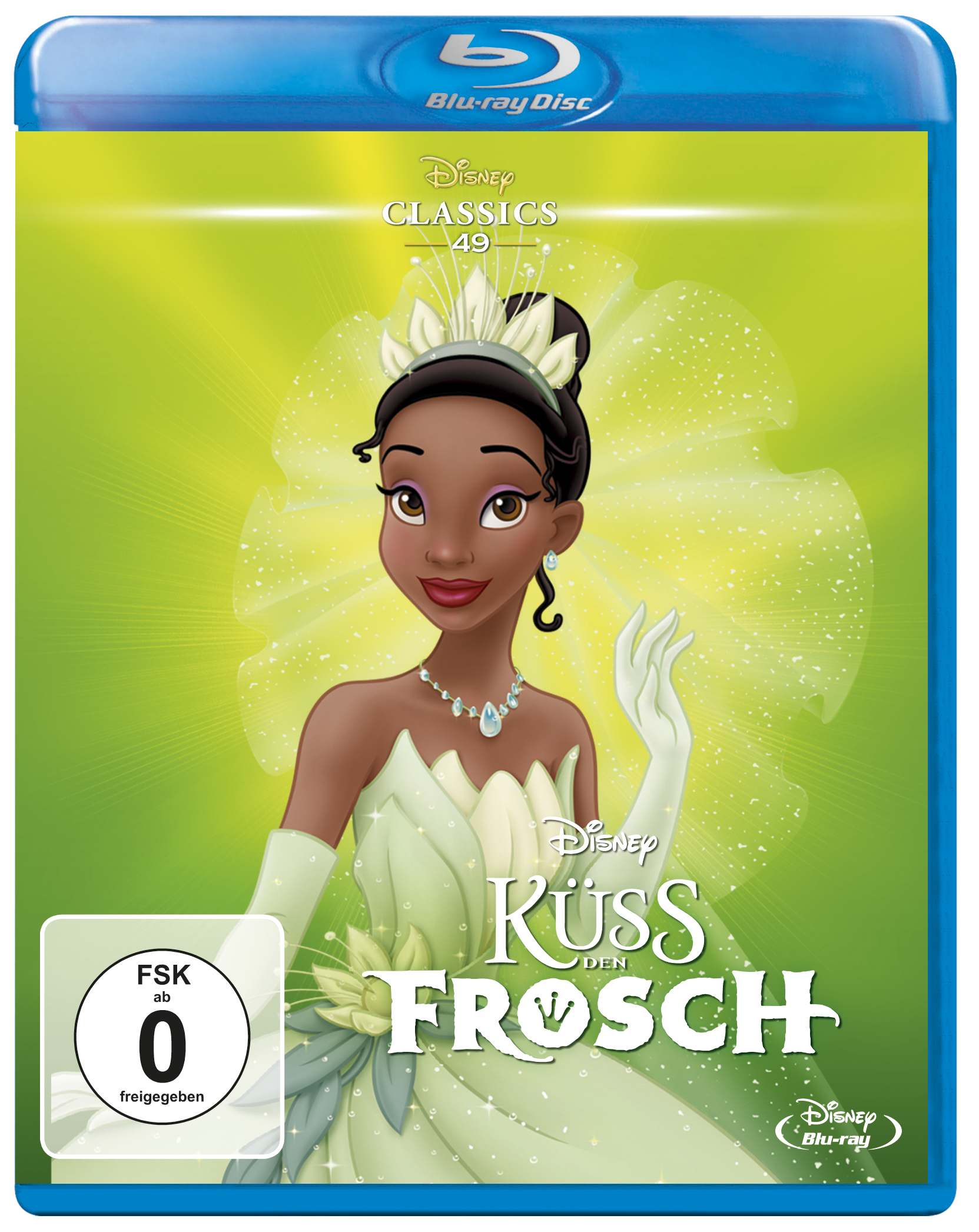 Blu-ray-Disc-Cover von Disneys Küss den Frosch. Eine schwarze Frau in grünem Kleid steht im Vordergrund.