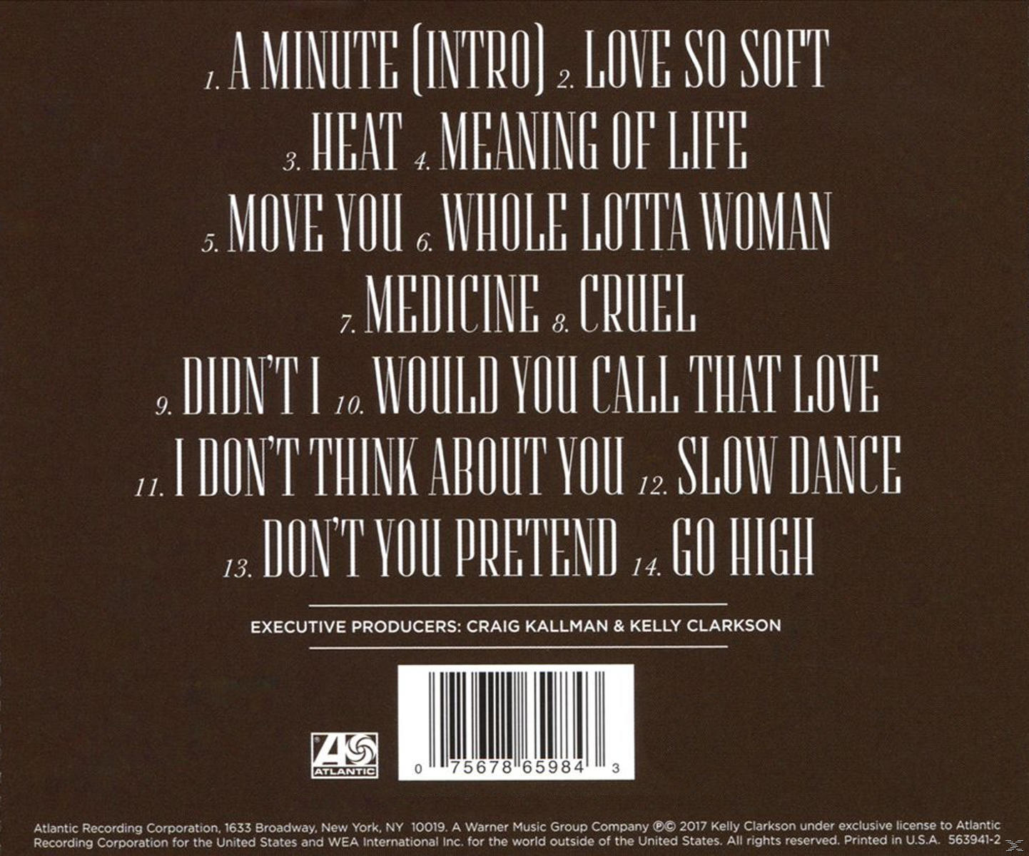 Tracklist van het album op een bruine achtergrond. Bevat songtitels en producenten credits. Voorzien van een barcode en het Atlantic Records logo.
