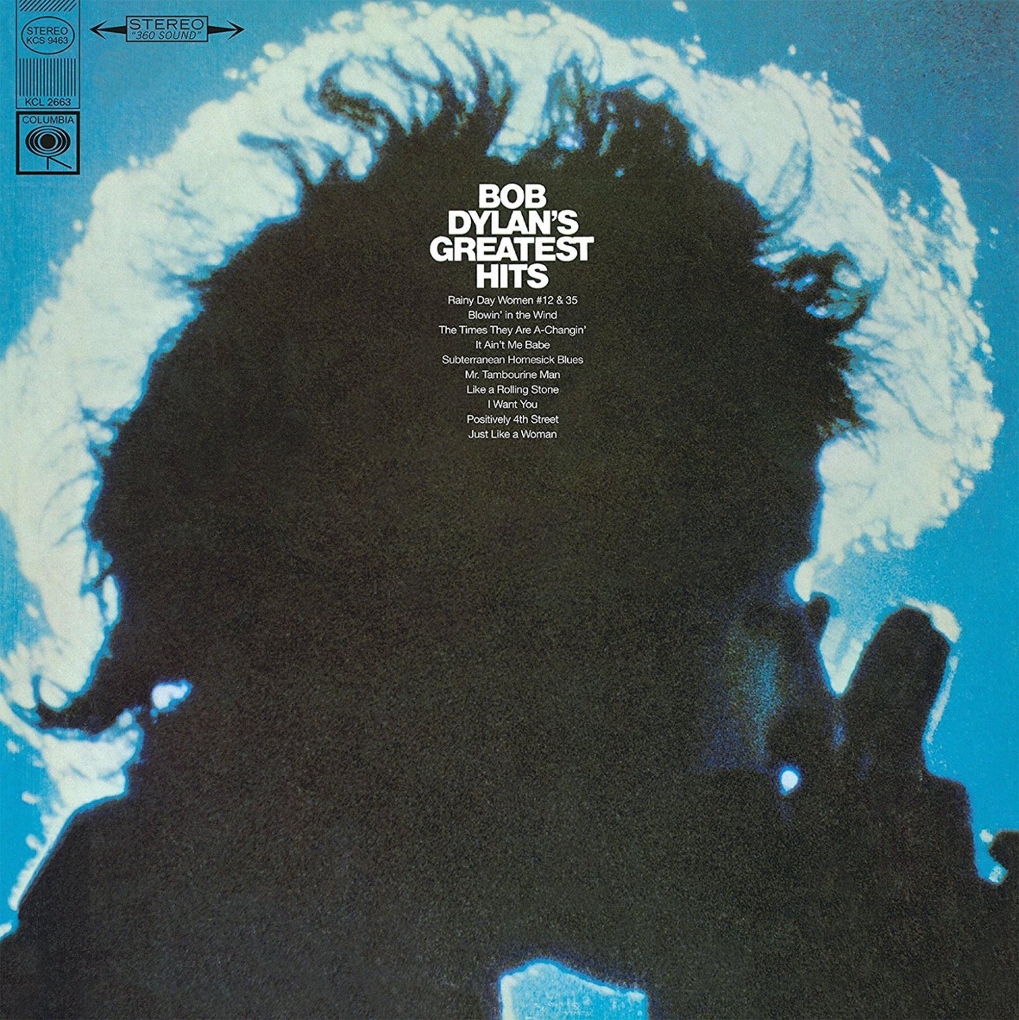 Albumcover von Bob Dylans Greatest Hits, mit Silhouette und blauem Hintergrund.