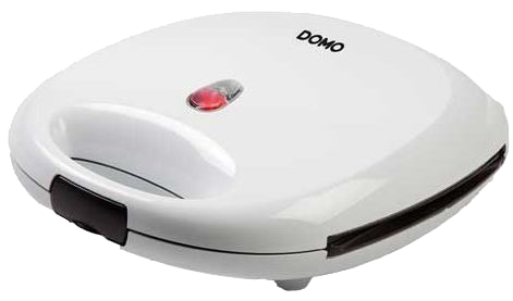 A white sandwich maker with a red light is on a black surface, with the brand DOMO visible.