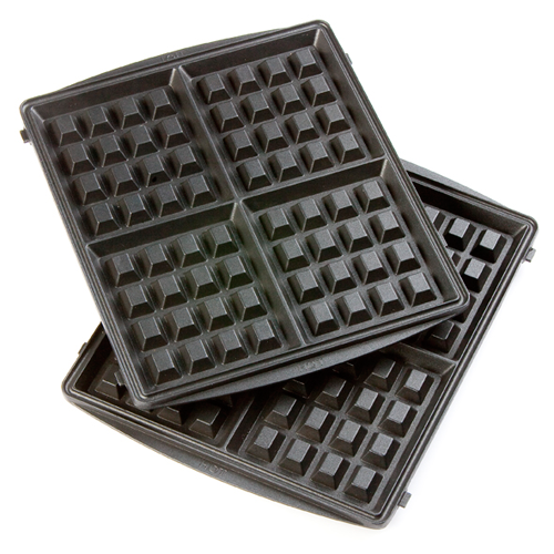 Two black waffle iron plates, square grid pattern, stacked.