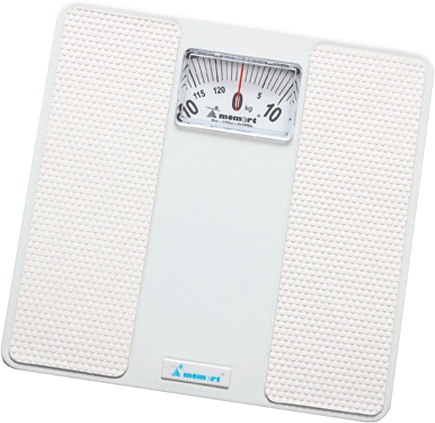 Fehér fürdőszobai mérleg, 120 kg-ot mutató számlappal, fehér háttérrel.