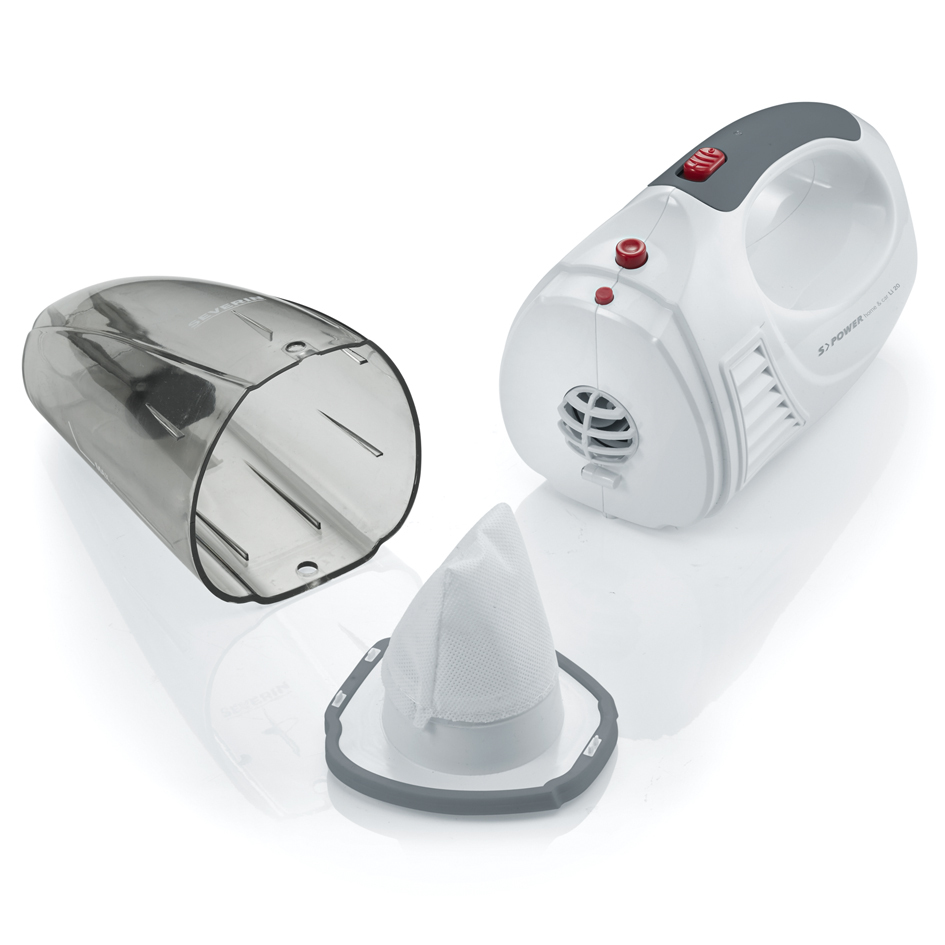 Un aspirateur à main blanc et gris avec son récipient à poussière et son filtre séparés.
